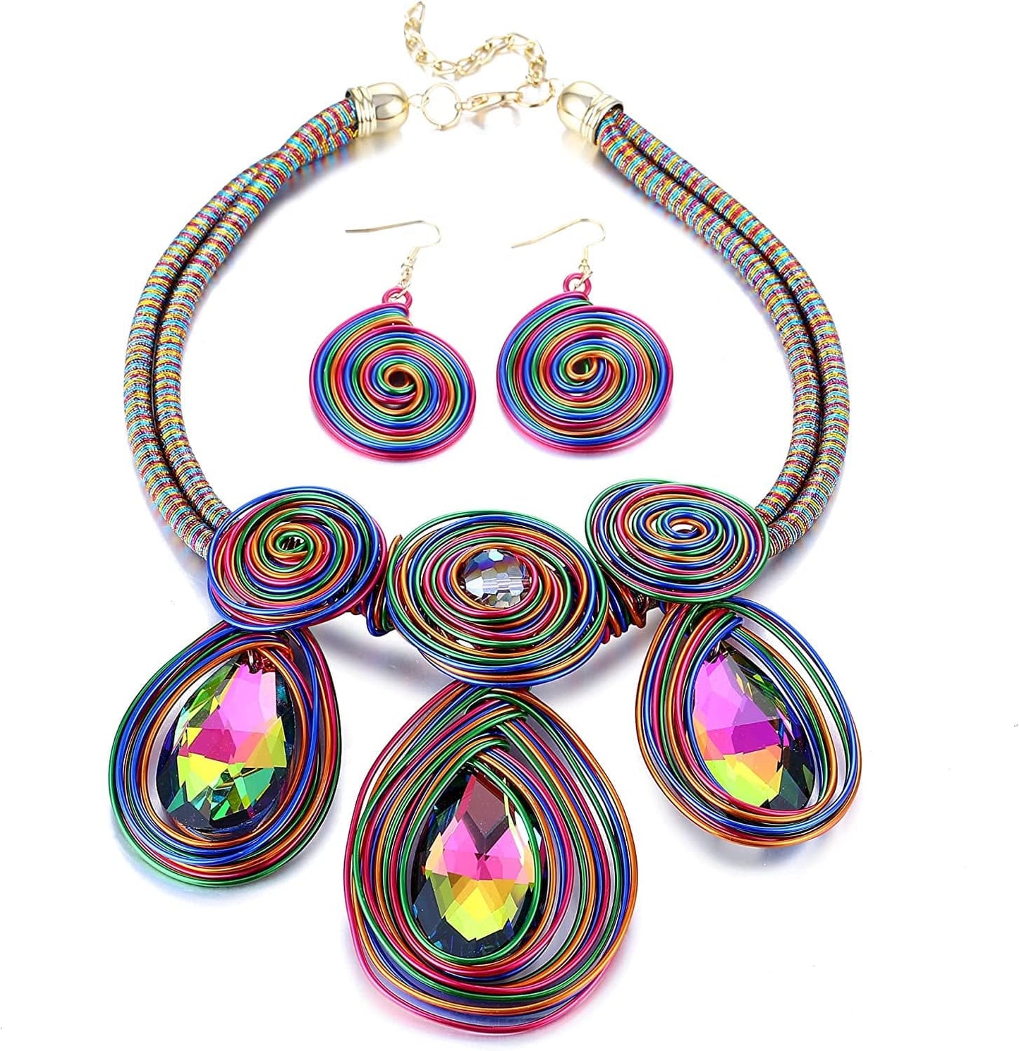 Chunky African Jewelry Statement Necklace for Women Unique Fashion Tribal Costume Necklace and Earring Sets Handmade Gold Wire Wrapped Big Rhinestone Crystal Pendent Collar Choker A Colorful