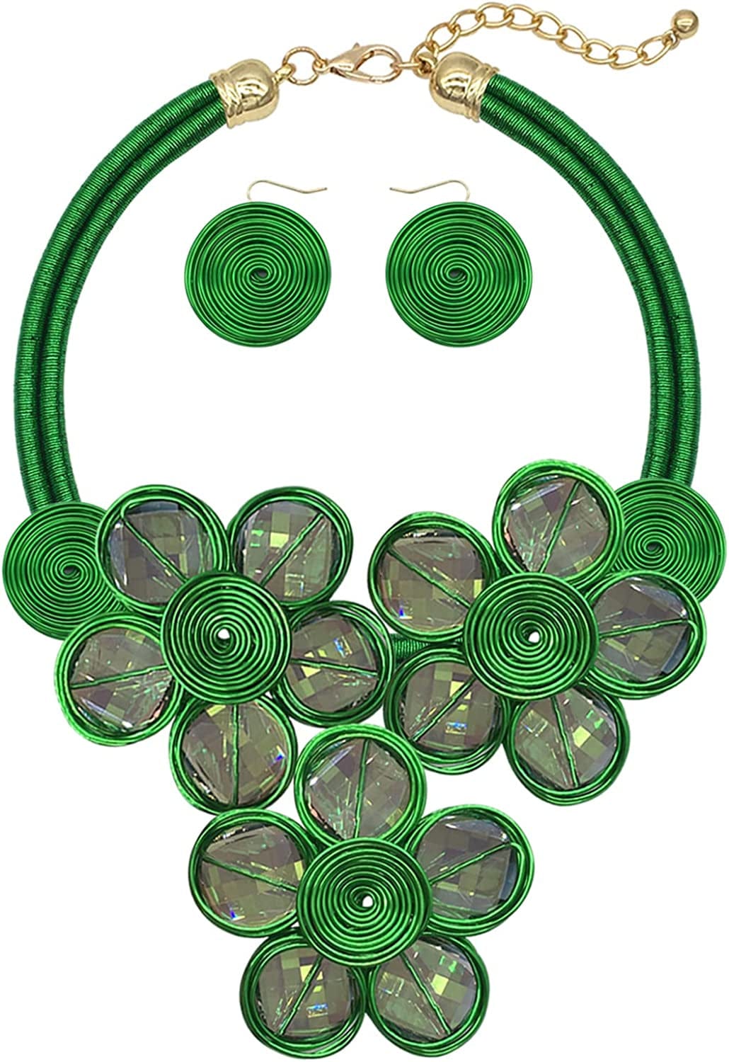 Chunky African Statement Necklace for Women Tribal Fashion Costume Jewelry Earring Sets Unique Colorful Big Rhinestone Crystal Pendent Collar Choker Bib Handmade three flower green