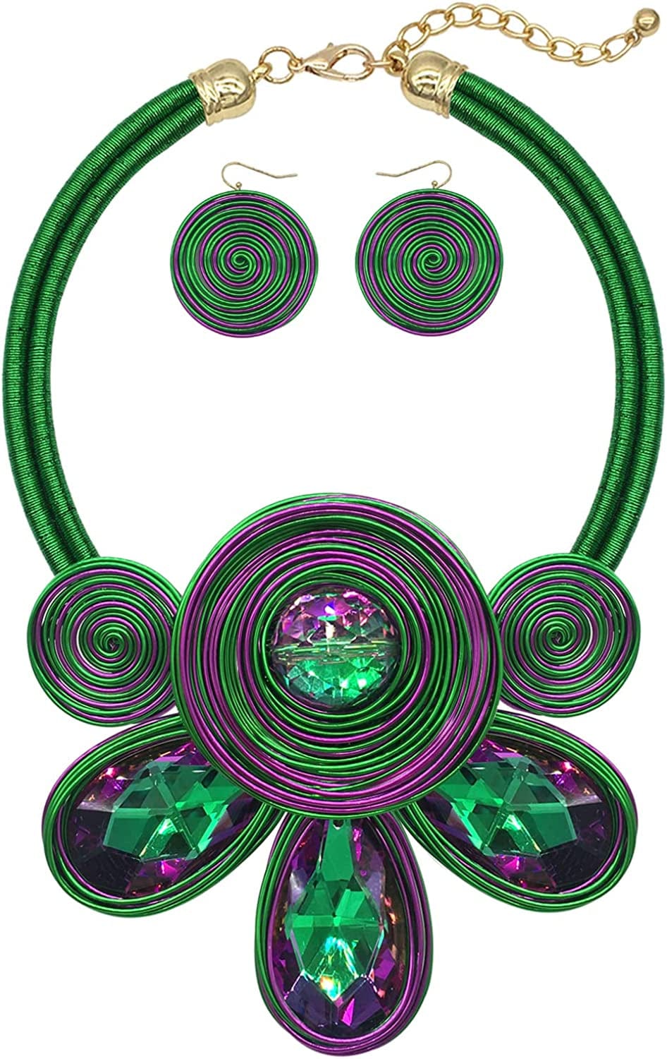 Chunky African Statement Necklace for Women Tribal Fashion Costume Jewelry Earring Sets Unique Colorful Big Rhinestone Crystal Pendent Collar Choker Bib Handmade Green purple