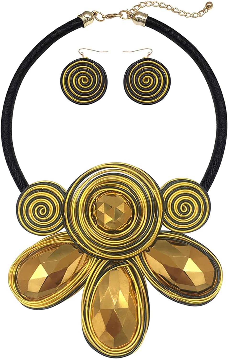 Chunky African Statement Necklace for Women Tribal Fashion Costume Jewelry Earring Sets Unique Colorful Big Rhinestone Crystal Pendent Collar Choker Bib Handmade black plus gold