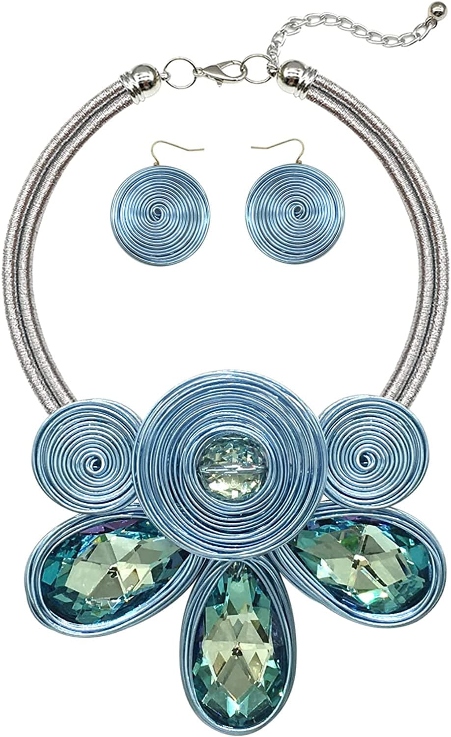Chunky African Statement Necklace for Women Tribal Fashion Costume Jewelry Earring Sets Unique Colorful Big Rhinestone Crystal Pendent Collar Choker Bib Handmade Light blue