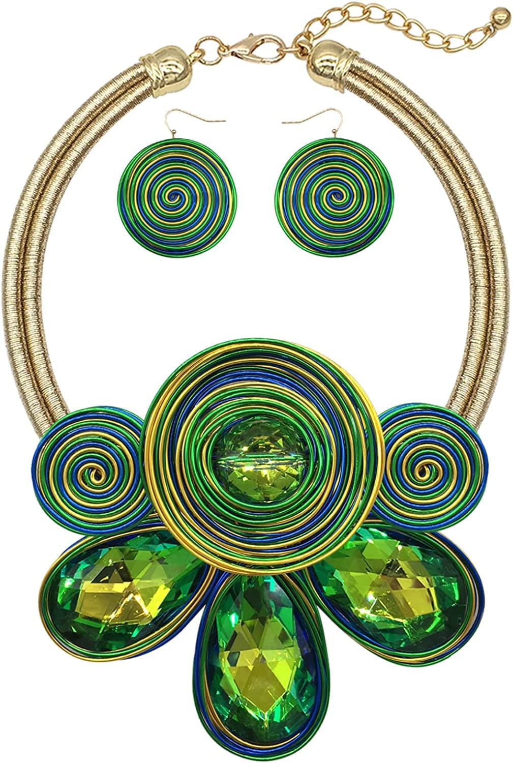 Chunky African Statement Necklace for Women Tribal Fashion Costume Jewelry Earring Sets Unique Colorful Big Rhinestone Crystal Pendent Collar Choker Bib Handmade Gold green blue