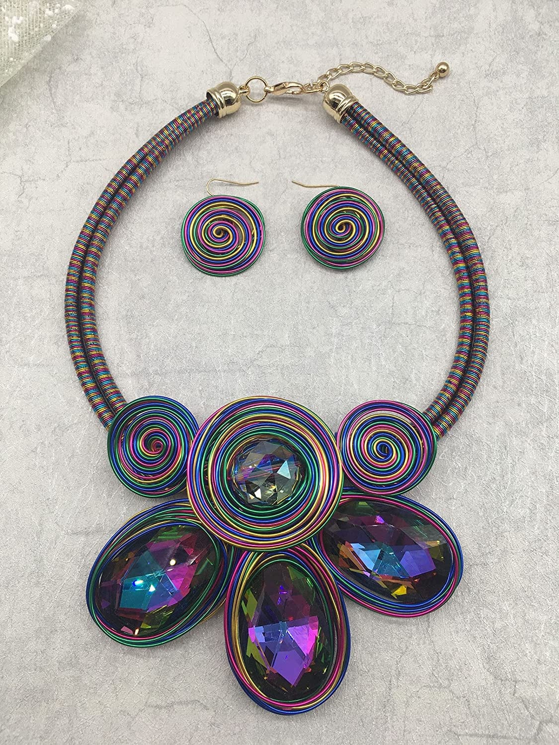 Chunky African Statement Necklace for Women Tribal Fashion Costume Jewelry Earring Sets Unique Colorful Big Rhinestone Crystal Pendent Collar Choker Bib Handmade