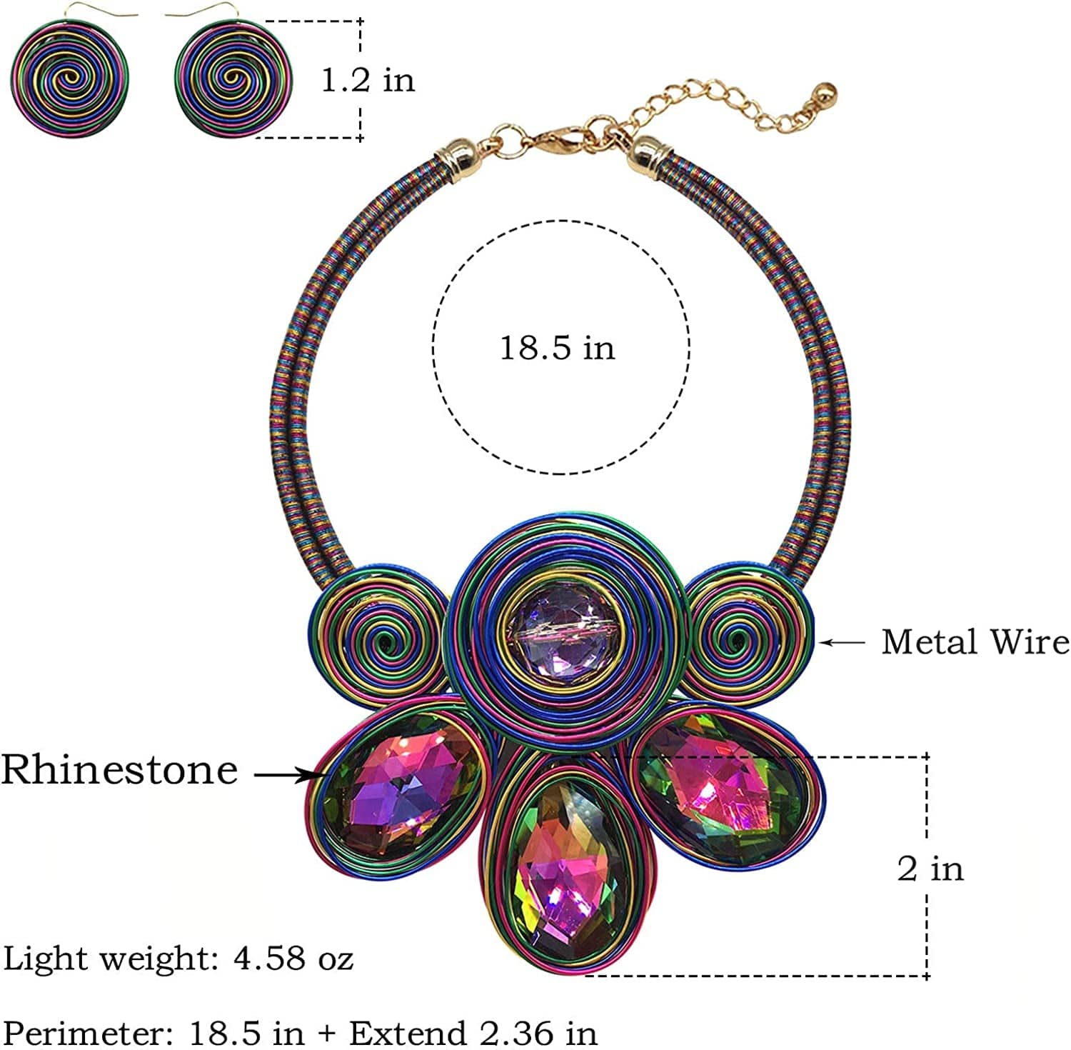 Chunky African Statement Necklace for Women Tribal Fashion Costume Jewelry Earring Sets Unique Colorful Big Rhinestone Crystal Pendent Collar Choker Bib Handmade