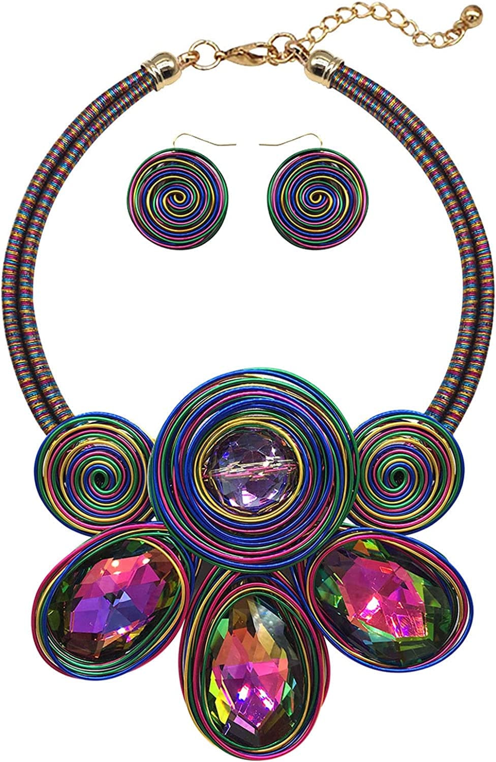 Chunky African Statement Necklace for Women Tribal Fashion Costume Jewelry Earring Sets Unique Colorful Big Rhinestone Crystal Pendent Collar Choker Bib Handmade 01