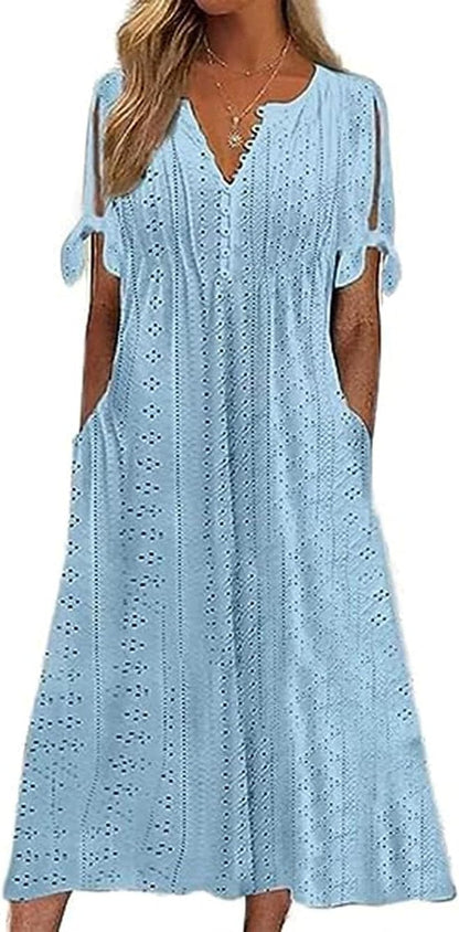 Chvity Women'S Summer V Neck Button Tie Short Sleeve Dress Eyelet Embroidery Pleated Solid Color Dresses Blue / Small