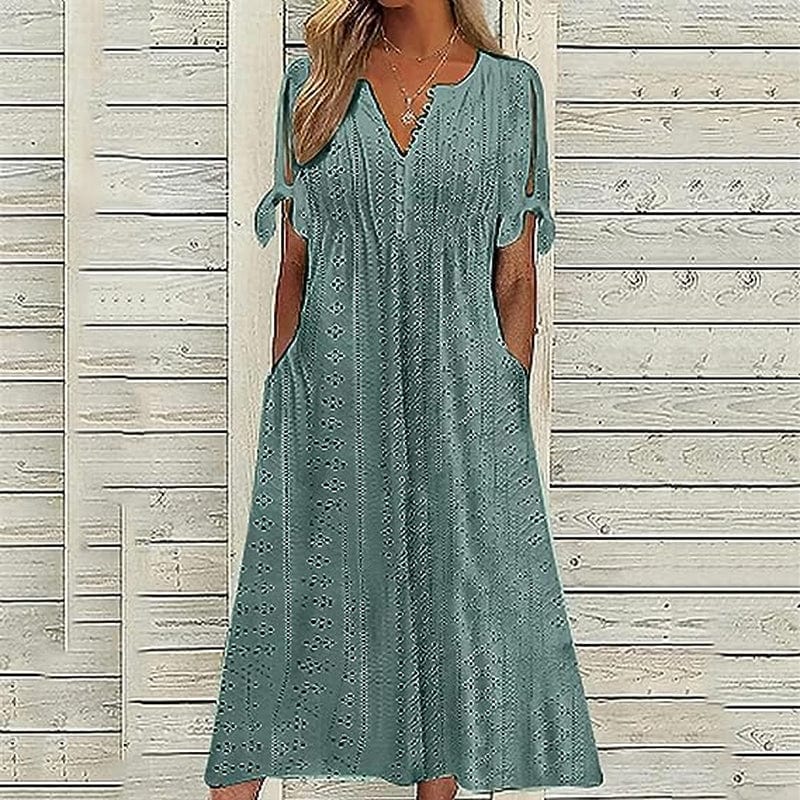 Chvity Women'S Summer V Neck Button Tie Short Sleeve Dress Eyelet Embroidery Pleated Solid Color Dresses