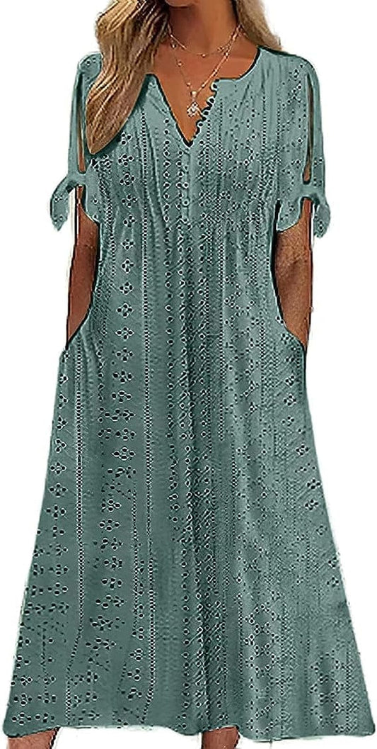 Chvity Women'S Summer V Neck Button Tie Short Sleeve Dress Eyelet Embroidery Pleated Solid Color Dresses