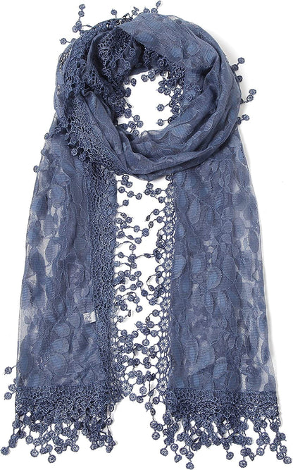 Cindy and Wendy Lightweight Soft Leaf Lace Fringes Scarf Shawl for Women Apparel & Accessories > Clothing Accessories > Scarves & Shawls Cindy and Wendy Navy  