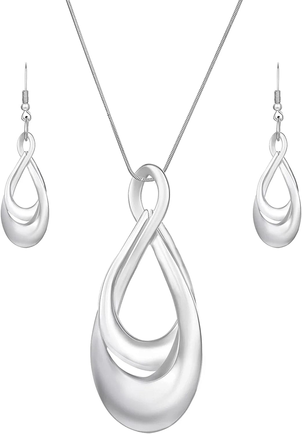 Classic Jewelry Collection Teardrop Necklace with 18" Inch Snake Chain and Earring Set in Silver Teardrop Unlimited Silver Set