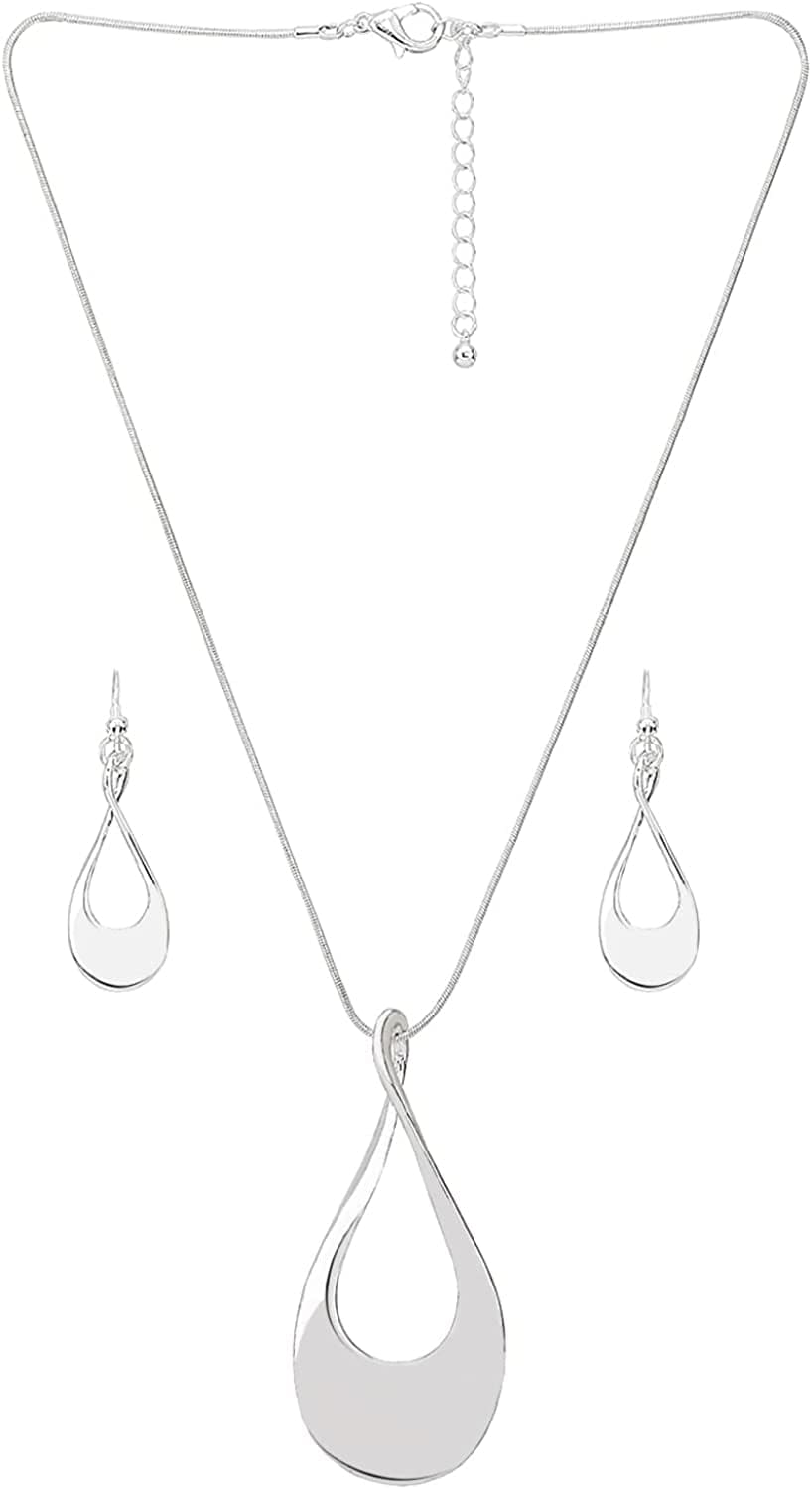 Classic Jewelry Collection Teardrop Necklace with 18" Inch Snake Chain and Earring Set in Silver Classic