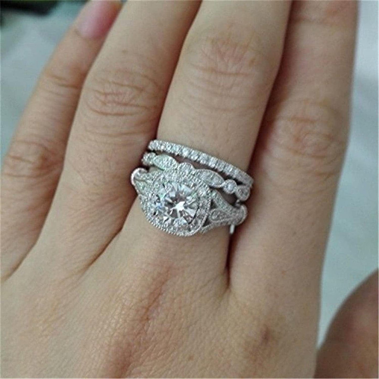 Clearance Rings,Fashion Three Layers Diamonds Blue Crystal Diamond Cylindrical Rings Engagement Wedding Rings Jewelry Gift