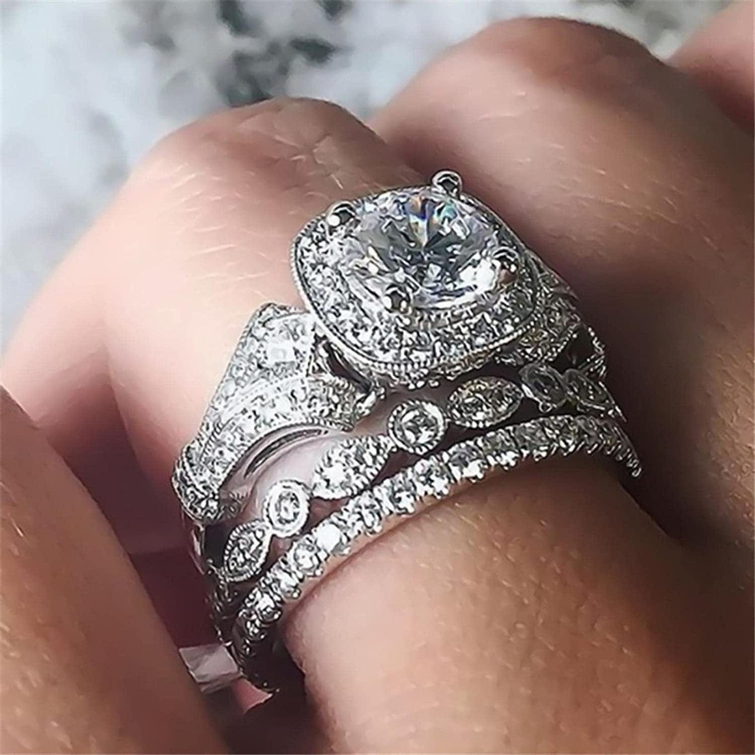Clearance Rings,Fashion Three Layers Diamonds Blue Crystal Diamond Cylindrical Rings Engagement Wedding Rings Jewelry Gift