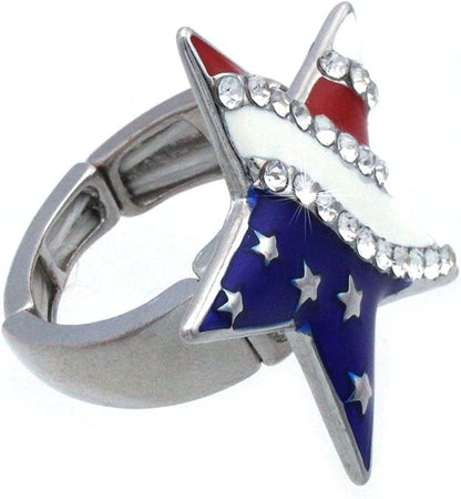 Cocojewelry 4Th of July American Flag Heart Star Stretch Resizable Band Cocktail Ring