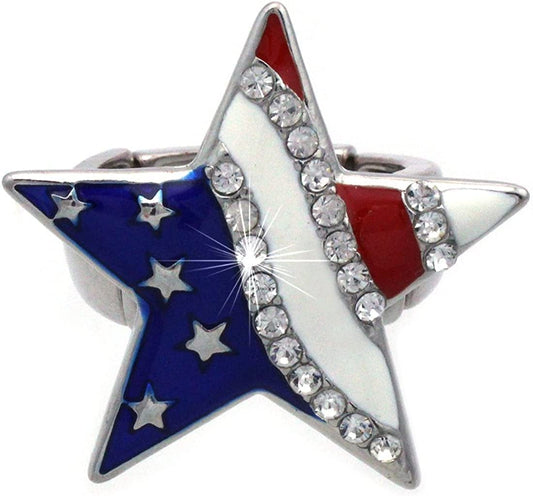 Cocojewelry 4Th of July American Flag Heart Star Stretch Resizable Band Cocktail Ring Silver-tone Star