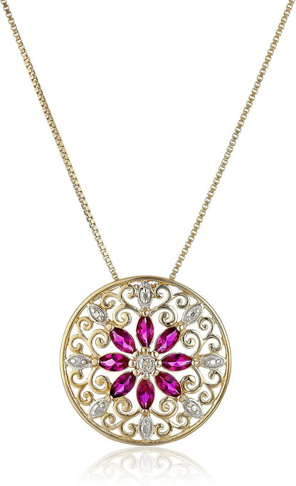 Collection 18K Yellow Gold Plated Sterling Silver Gemstone and Diamond Accent Filigree Mandala Pendant Necklace, 18" Created Ruby
