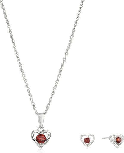 Collection Girls' Petite Sterling Silver Birthstone Open Heart Stud Earrings and 16" Pendant Necklace Jewelry Set Garnet