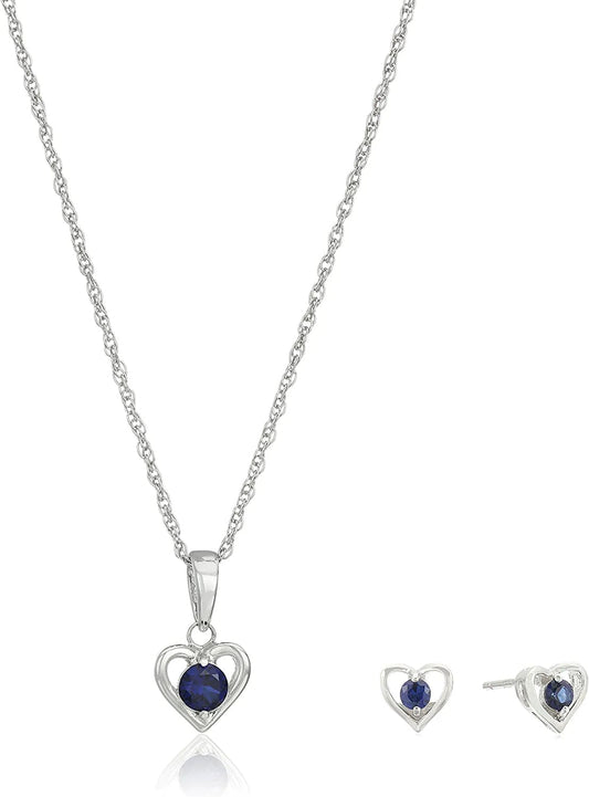 Collection Girls' Petite Sterling Silver Birthstone Open Heart Stud Earrings and 16" Pendant Necklace Jewelry Set Created Sapphire