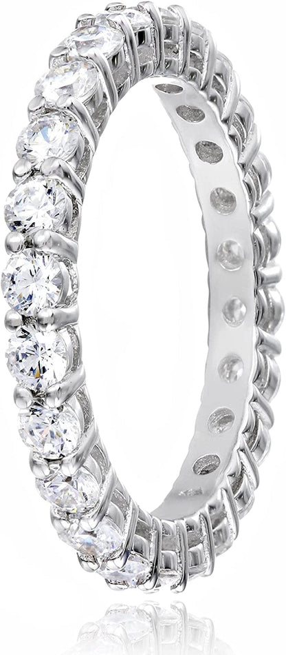Collection Platinum or Gold Plated Sterling Silver All-Around Band Ring Set with round Infinite Elements Zirconia