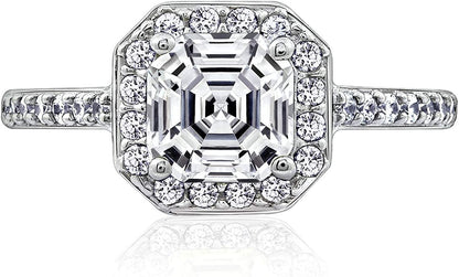 Collection Platinum or Gold Plated Sterling Silver Asscher-Cut Halo Ring Set with Infinite Elements Zirconia