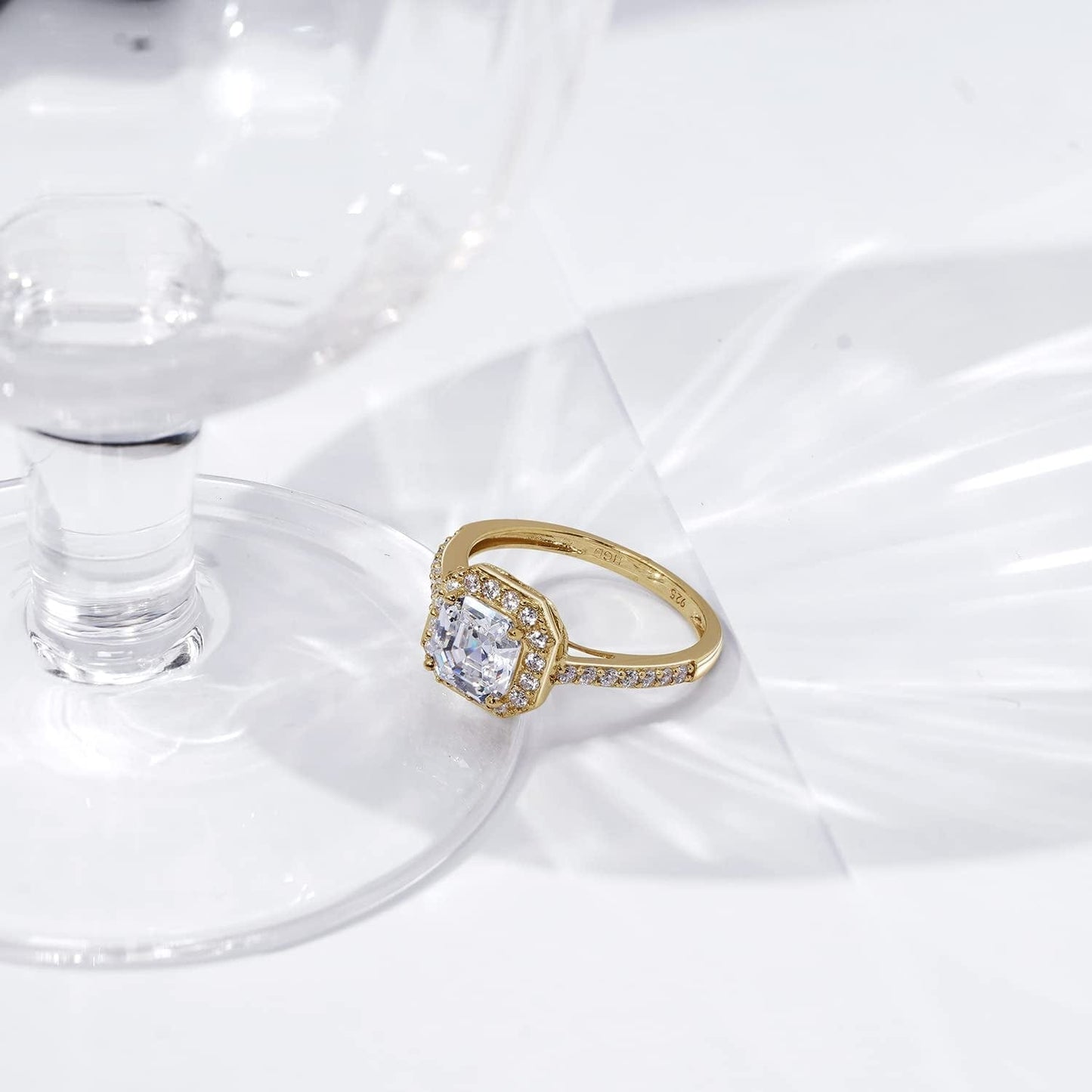 Collection Platinum or Gold Plated Sterling Silver Asscher-Cut Halo Ring Set with Infinite Elements Zirconia