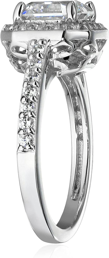 Collection Platinum or Gold Plated Sterling Silver Asscher-Cut Halo Ring Set with Infinite Elements Zirconia