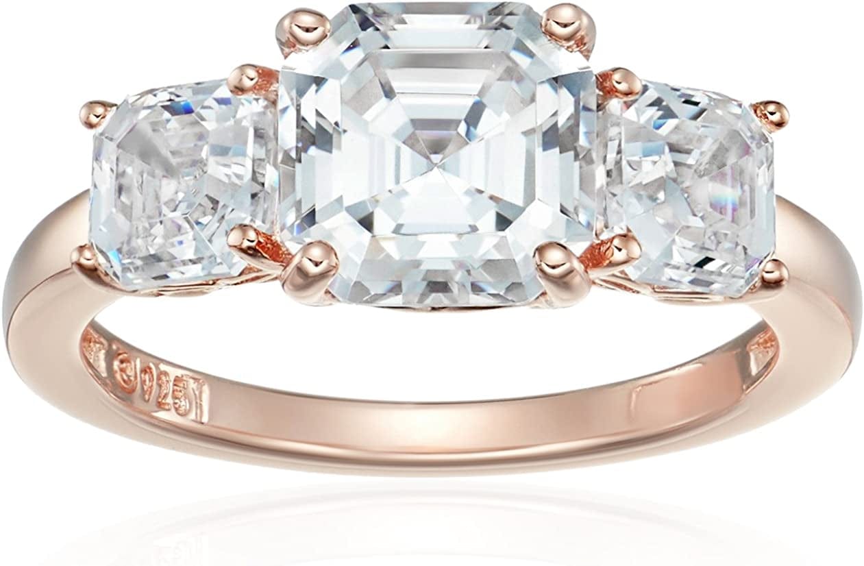 Collection Platinum or Gold Plated Sterling Silver Fancy Cut 3-Stone Ring Made with Infinite Elements Zirconia White Cubic Zirconia/Rose Gold / Asscher-Cut (3 cttw) / Size 6