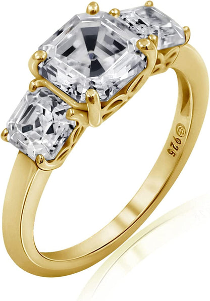 Collection Platinum or Gold Plated Sterling Silver Fancy Cut 3-Stone Ring Made with Infinite Elements Zirconia White Cubic Zirconia/Yellow Gold / Asscher-Cut (3 cttw) / Size 8