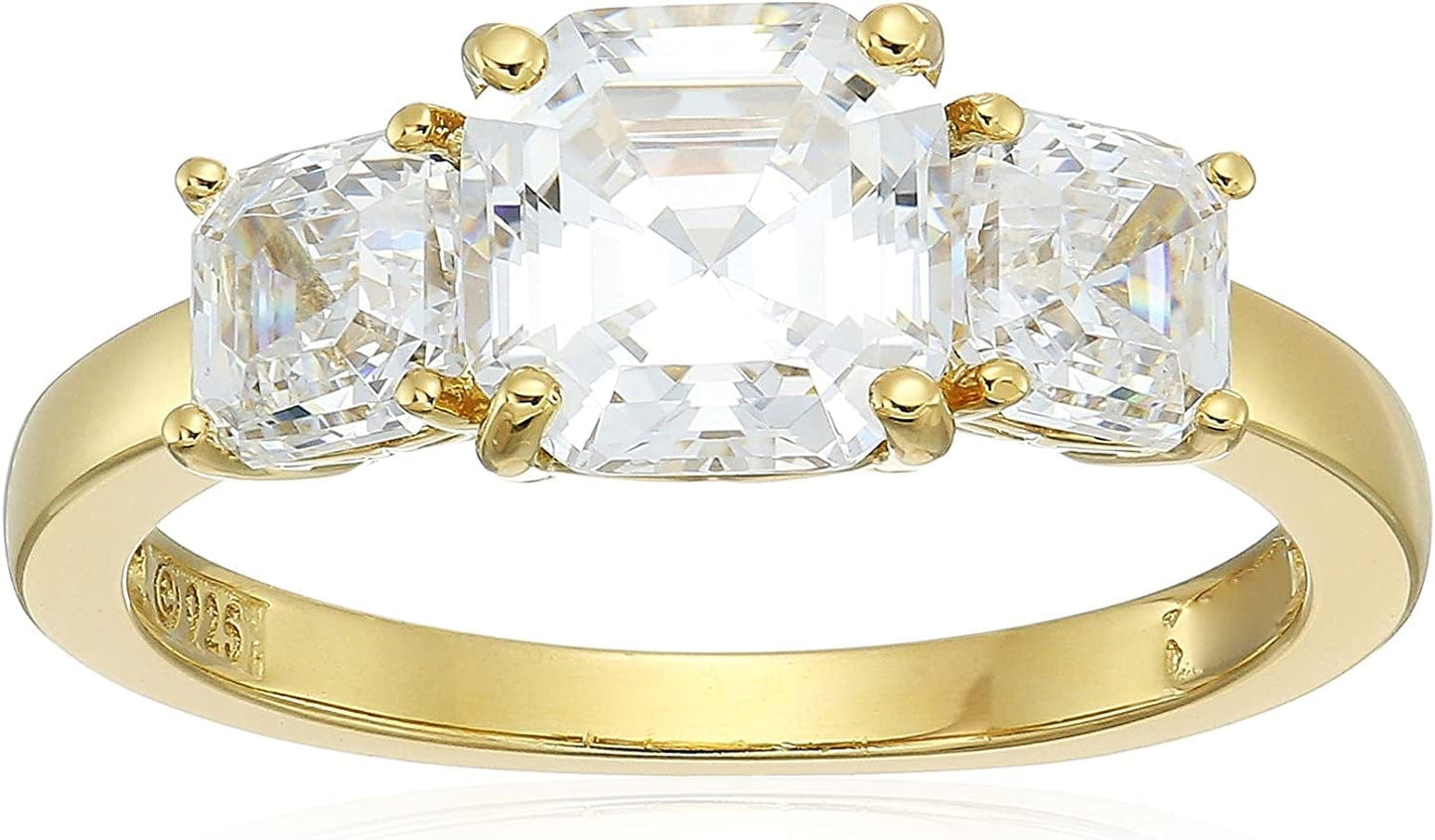 Collection Platinum or Gold Plated Sterling Silver Fancy Cut 3-Stone Ring Made with Infinite Elements Zirconia White Cubic Zirconia/Yellow Gold / Asscher-Cut (3 cttw) / Size 6
