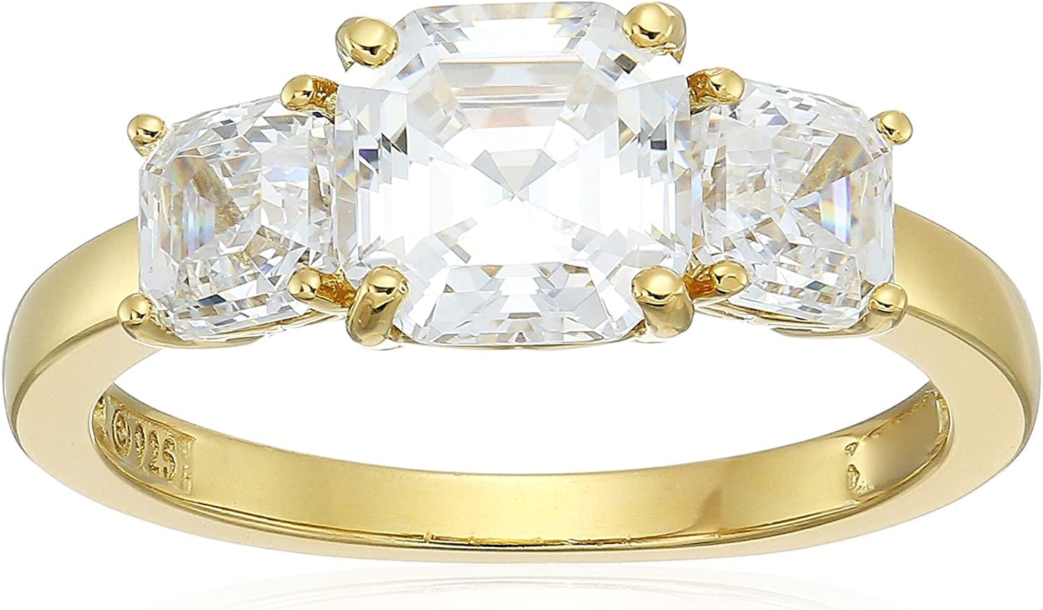 Collection Platinum or Gold Plated Sterling Silver Fancy Cut 3-Stone Ring Made with Infinite Elements Zirconia White Cubic Zirconia/Yellow Gold / Asscher-Cut (3 cttw) / Size 6