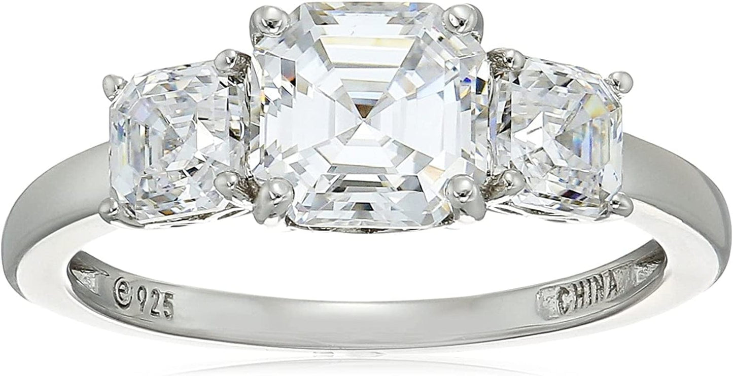 Collection Platinum or Gold Plated Sterling Silver Fancy Cut 3-Stone Ring Made with Infinite Elements Zirconia Platinum Plated Silver / Asscher-Cut (3 cttw) / Size 9