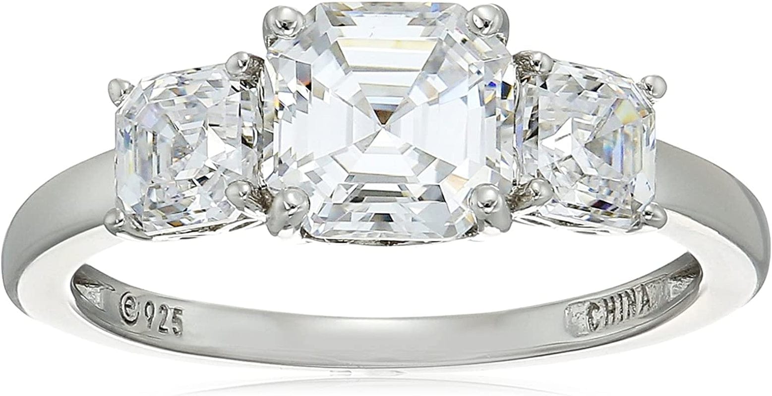 Collection Platinum or Gold Plated Sterling Silver Fancy Cut 3-Stone Ring Made with Infinite Elements Zirconia Platinum Plated Silver / Asscher-Cut (3 cttw) / Size 9