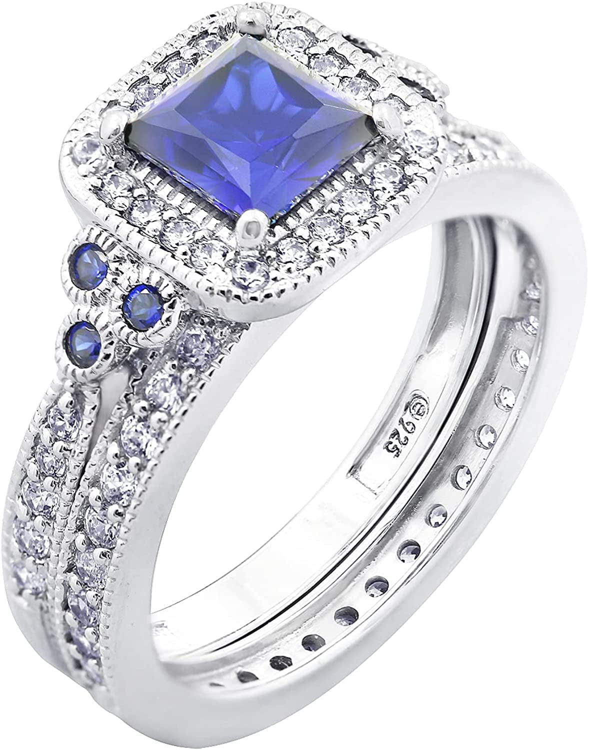 Collection Platinum or Gold Plated Sterling Silver Infinite Elements Zirconia Antique Ring Set Sapphire / 7