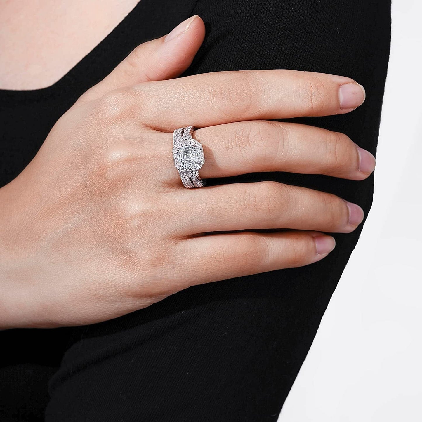 Collection Platinum or Gold Plated Sterling Silver Infinite Elements Zirconia Antique Ring Set