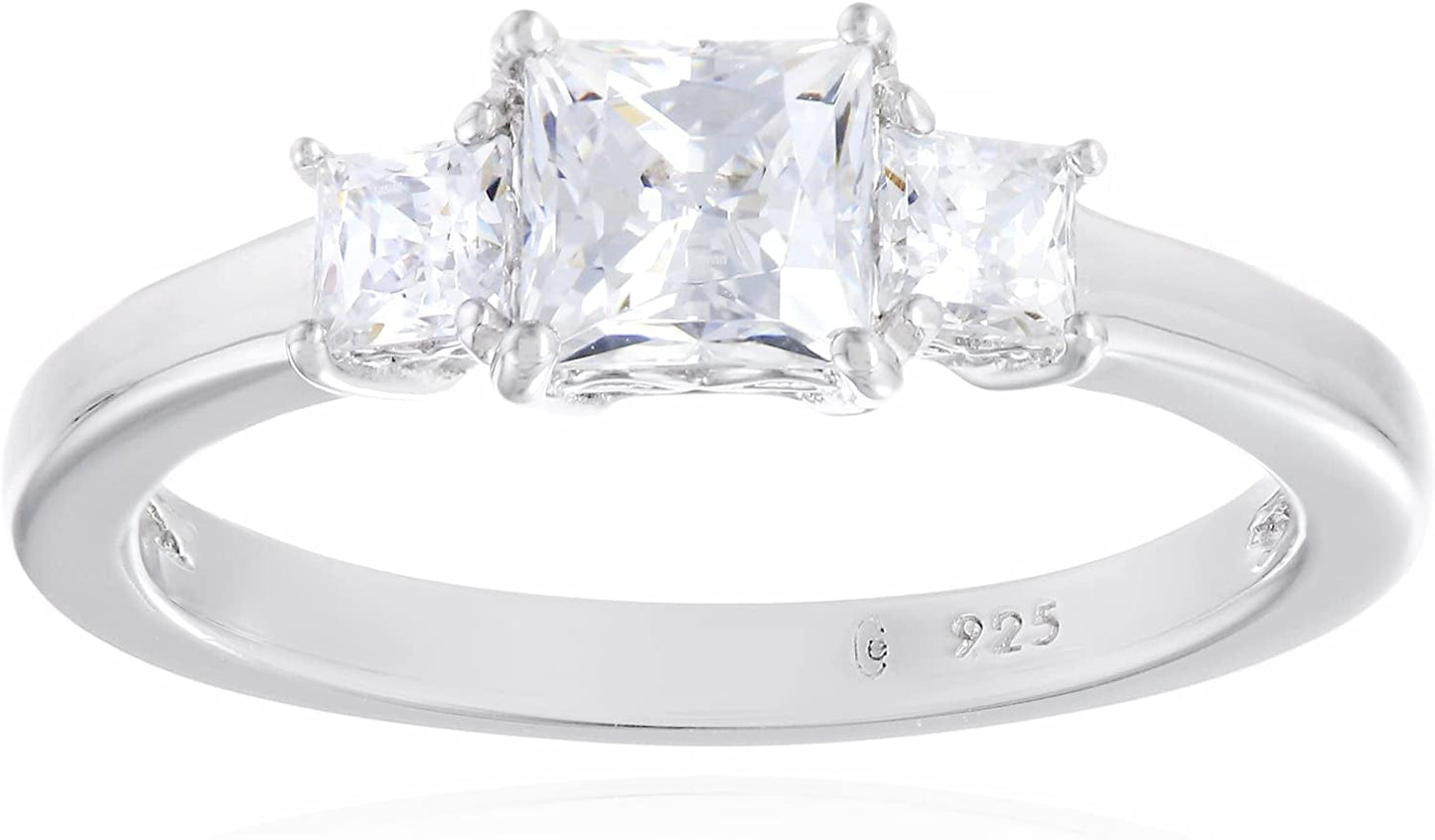 Collection Platinum or Gold Plated Sterling Silver Princess-Cut 3-Stone Ring Made with Infinite Elements Zirconia Platinum Plated Silver / 1 cttw / Size 6