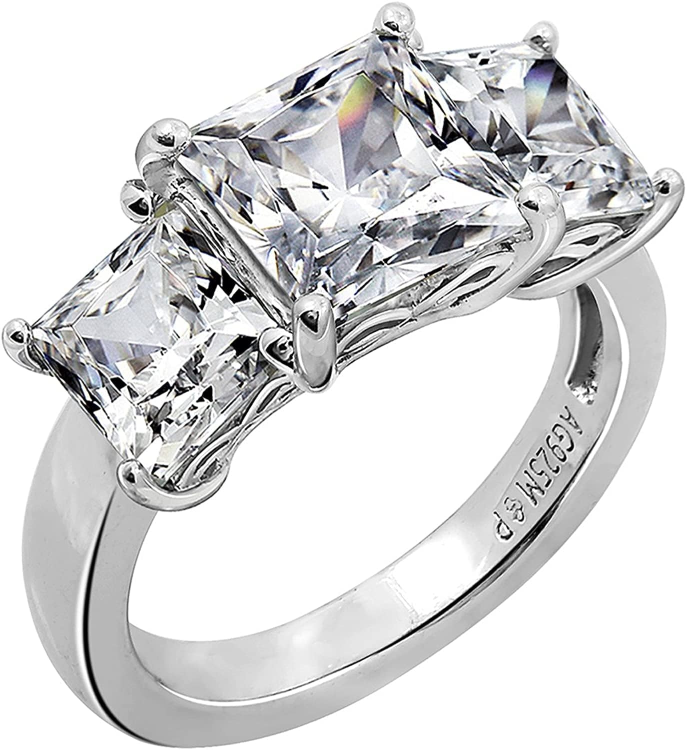 Collection Platinum or Gold Plated Sterling Silver Princess-Cut 3-Stone Ring Made with Infinite Elements Zirconia Platinum Plated Silver / 4 cttw / Size 9