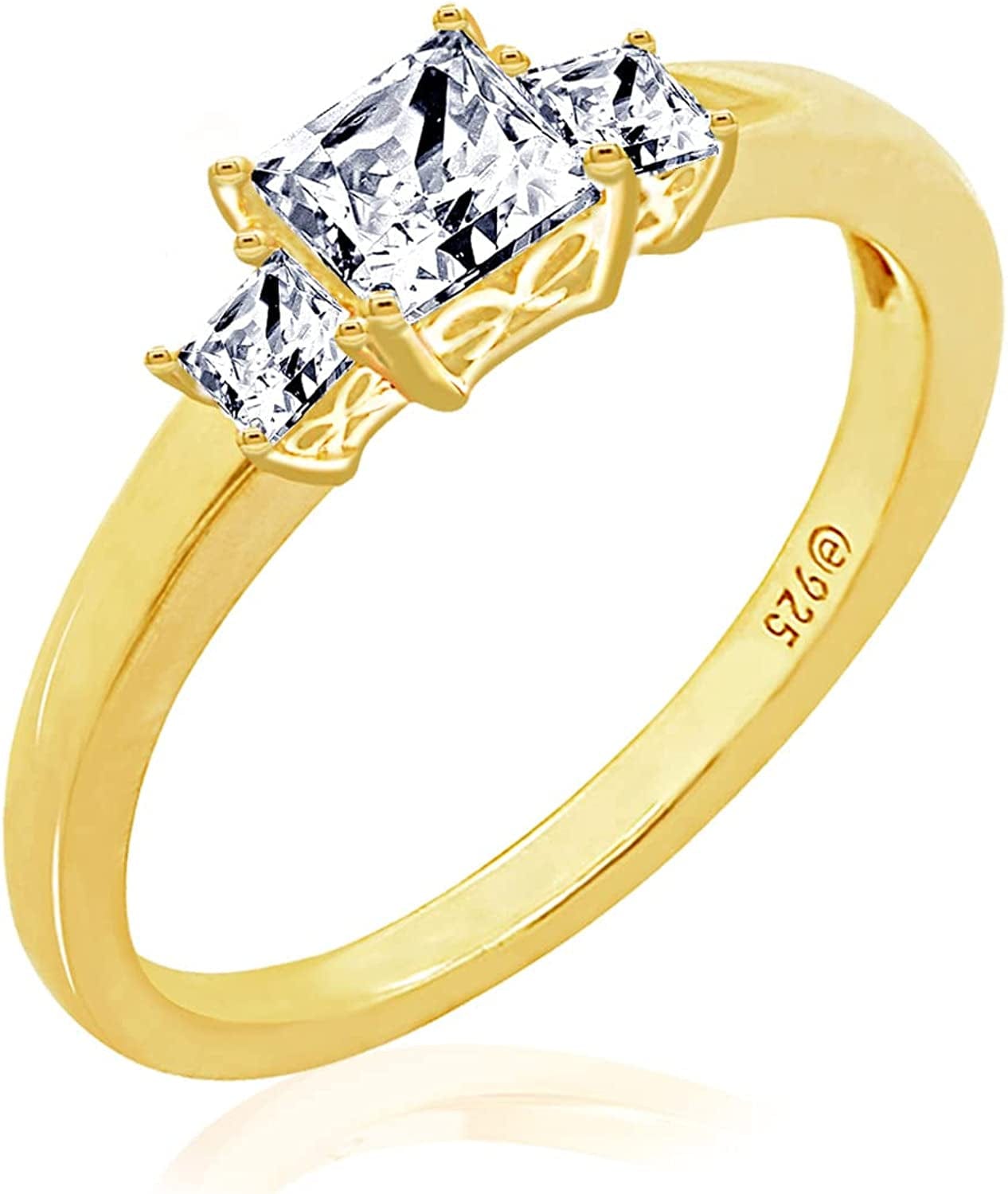 Collection Platinum or Gold Plated Sterling Silver Princess-Cut 3-Stone Ring Made with Infinite Elements Zirconia Yellow Gold Plated Silver / 1 cttw / Size 8