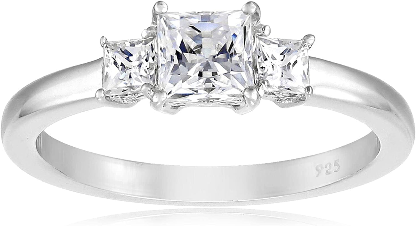 Collection Platinum or Gold Plated Sterling Silver Princess-Cut 3-Stone Ring Made with Infinite Elements Zirconia Platinum Plated Silver / 1 cttw / Size 8