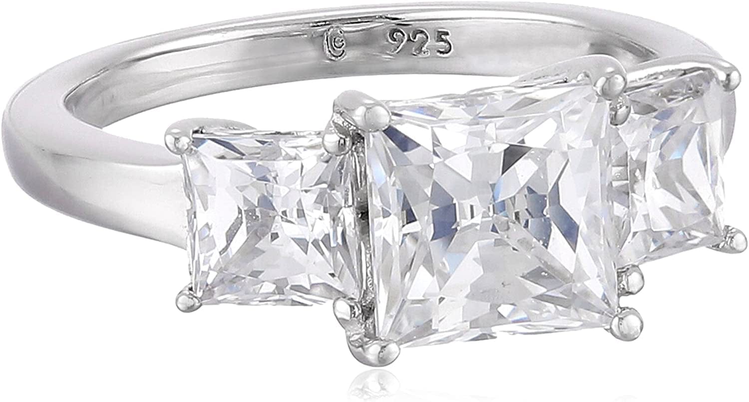 Collection Platinum or Gold Plated Sterling Silver Princess-Cut 3-Stone Ring Made with Infinite Elements Zirconia Platinum Plated Silver / 3 cttw / Size 6