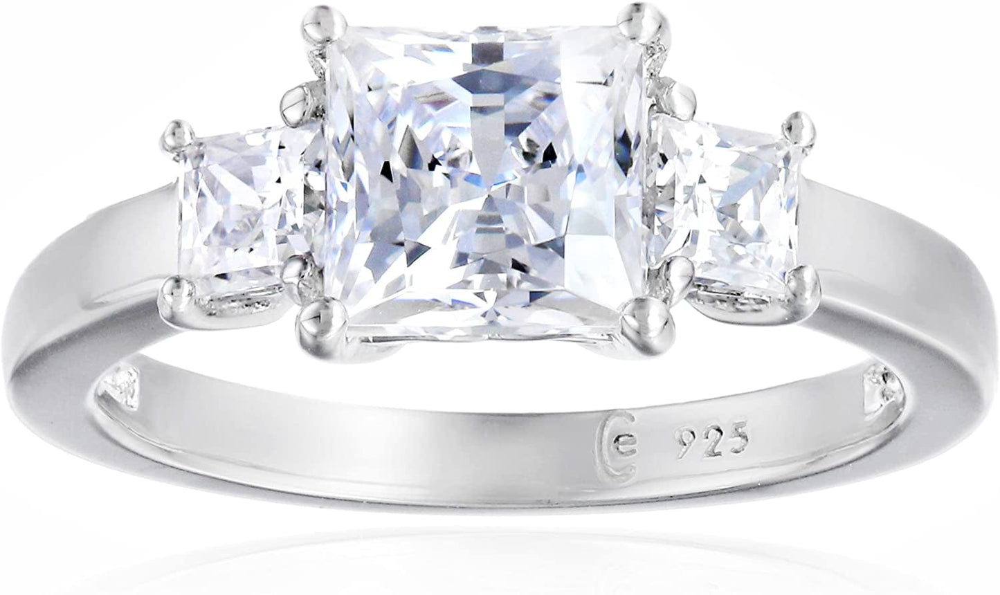 Collection Platinum or Gold Plated Sterling Silver Princess-Cut 3-Stone Ring Made with Infinite Elements Zirconia Platinum Plated Silver / 2 cttw / Size 6