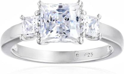 Collection Platinum or Gold Plated Sterling Silver Princess-Cut 3-Stone Ring Made with Infinite Elements Zirconia Platinum Plated Silver / 2 cttw / Size 6