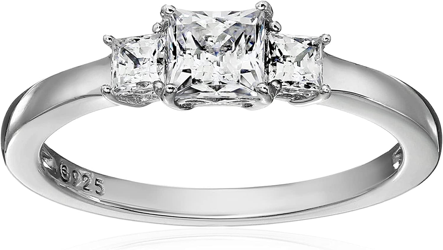 Collection Platinum or Gold Plated Sterling Silver Princess-Cut 3-Stone Ring Made with Infinite Elements Zirconia Platinum Plated Silver / 1 cttw / Size 9
