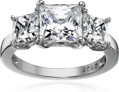 Collection Platinum or Gold Plated Sterling Silver Princess-Cut 3-Stone Ring Made with Infinite Elements Zirconia Platinum Plated Silver / 3 cttw / Size 5