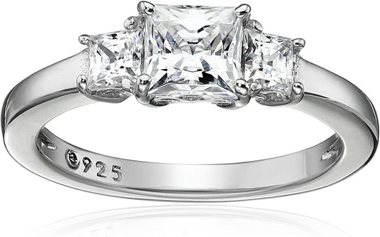 Collection Platinum or Gold Plated Sterling Silver Princess-Cut 3-Stone Ring Made with Infinite Elements Zirconia Platinum Plated Silver / 1 cttw / Size 5