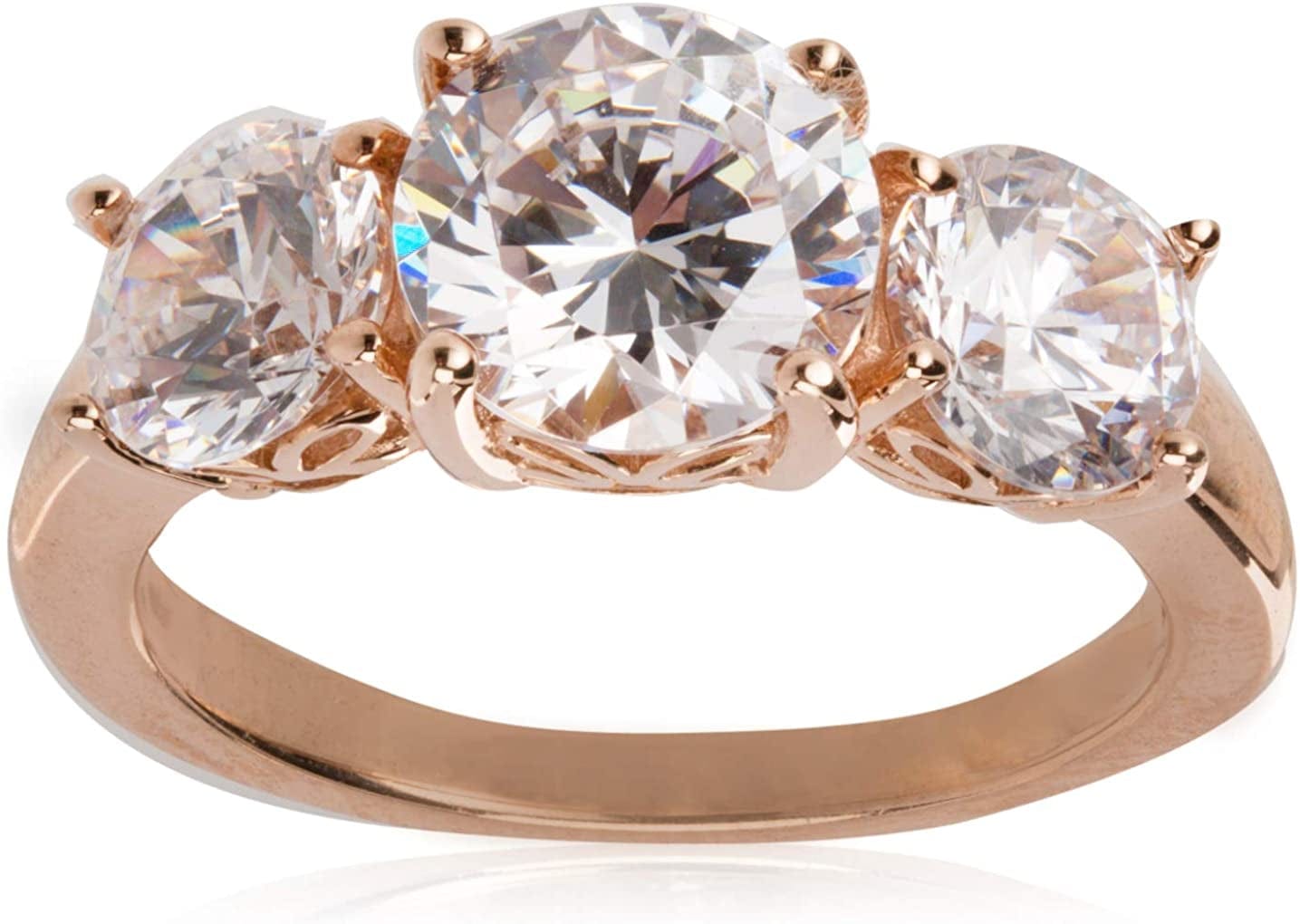 Collection Platinum or Gold Plated Sterling Silver round 3-Stone Ring Made with Infinite Elements Zirconia Rose Gold Plated Silver / 3 cttw / Size 7