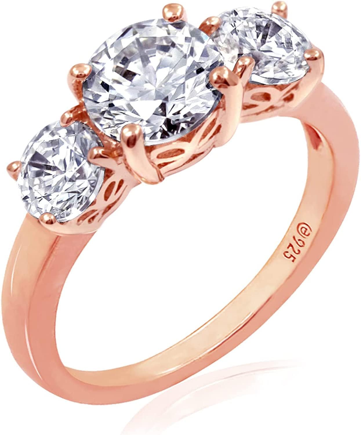 Collection Platinum or Gold Plated Sterling Silver round 3-Stone Ring Made with Infinite Elements Zirconia Rose Gold Plated Silver / 3 cttw / Size 6