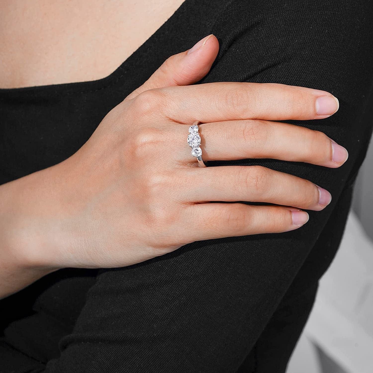 Collection Platinum or Gold Plated Sterling Silver round 3-Stone Ring Made with Infinite Elements Zirconia