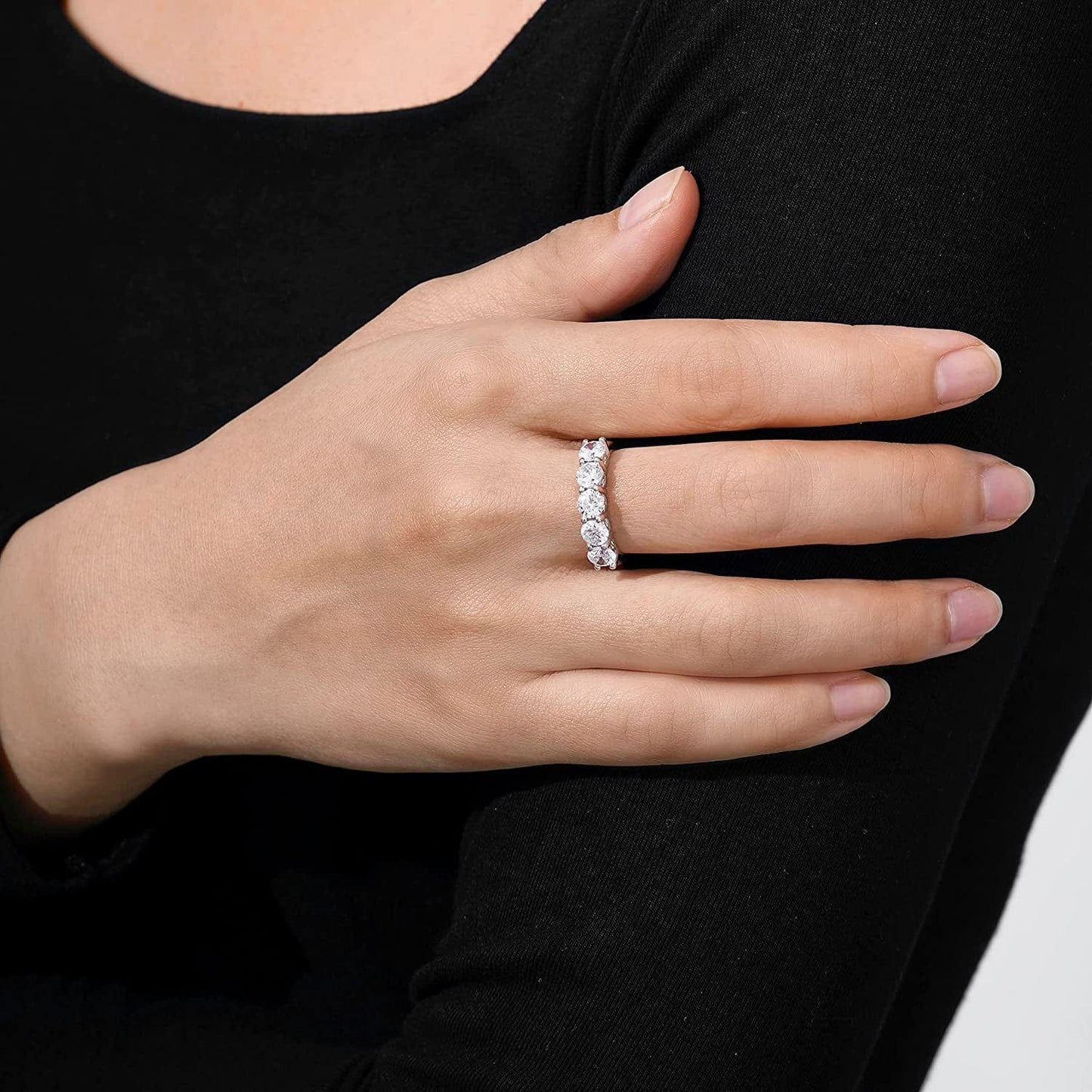 Collection Platinum or Gold Plated Sterling Silver Round-Cut 5-Stone Ring Made with Infinite Elements Zirconia