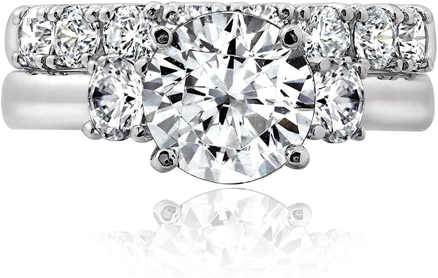Collection Platinum-Plated Sterling Silver Infinite Elements Zirconia Round-Cut Three-Stone Ring Set