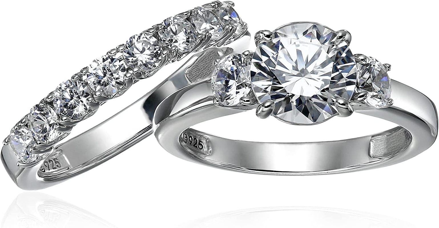 Collection Platinum-Plated Sterling Silver Infinite Elements Zirconia Round-Cut Three-Stone Ring Set
